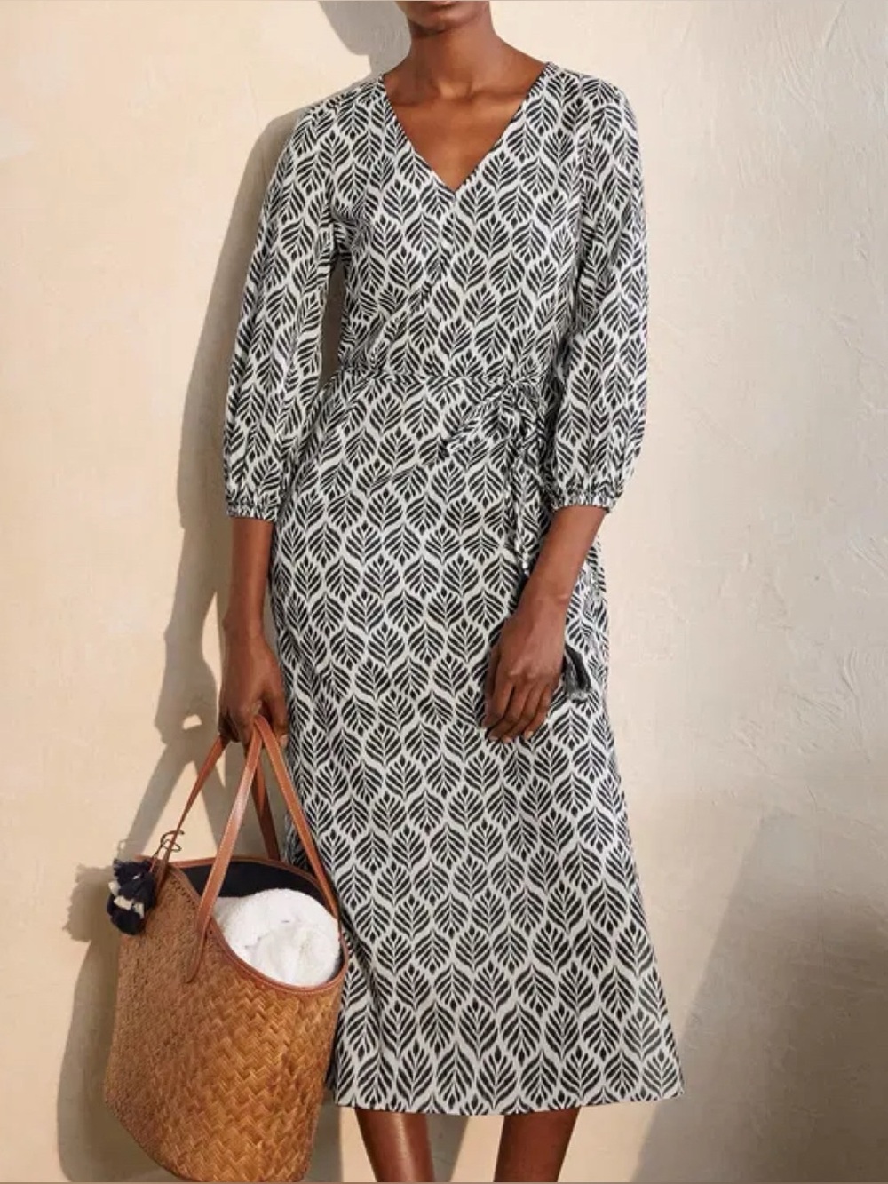 NWT Boden Daria Cotton Blue White Leaf Print Belted Tasseled Midi Dress Size 12